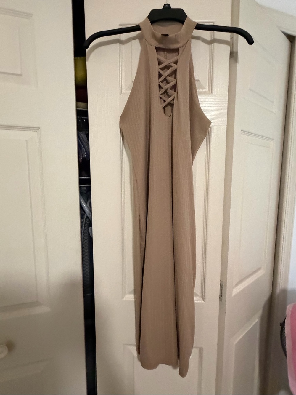 Hot Kiss Taupe Halter Midi Dress with Lattice Front